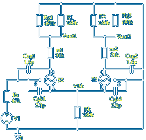 Cathode coupled Triode Amplifier PSpice schematic